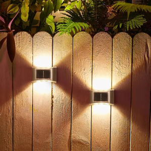 Vimite Lampu 6 Led Solar Wall Light Outdoor Waterproof Automatic Sensor Up and Down Lighting Garden Light Stainless Steel Fence Lamp for House Yard Street Stairs Step Patio Gate Decoration Warm White 太阳能户外壁灯
