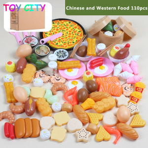 110PCS pretend play house Chinese and Western Food Kitchen Toys set Pizza Steamer For girls Cooking Miniature Educational Toy for girls