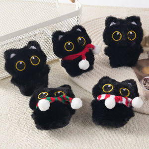 Cute Squeak Scarf Black Cat Plush Toy Doll Small Pendant Black Cat Plush Toy Doll for Birthday Gift