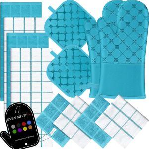 Oven Mitts Kitchen Towels Dishcloths with Pot Holders Sets 12PCS Dish Towels Sets Oven Gloves Pot Pads Heat Resistant 500 Degrees with Non-Slip Silicone Surface for Cooking Baking Grilling-Grey