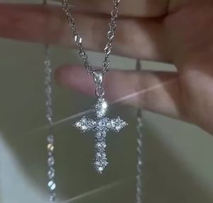 Shiny Crystal Zircon Cross Pendant Necklace for Women Girls Punk Silver Color Thin Chain Necklace Party Jewelry Birthday Gift