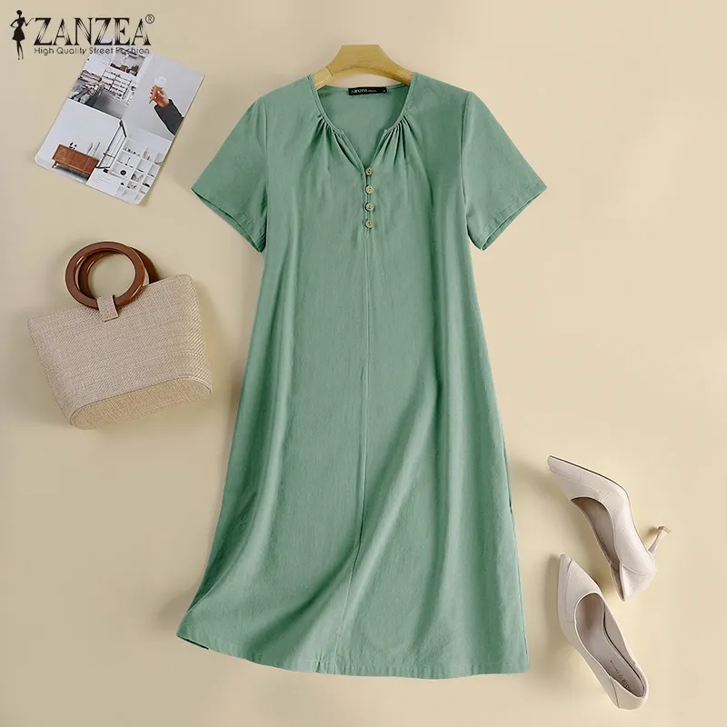 ZANZEA Womens Dresses Cotton Linen V-Neck Vintage Loose Short