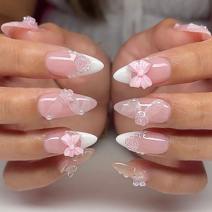 24 Pcs White French Tip Press On Nail Almond Shape Acrylic Nail Flowers Full Cover Stick on Nail 3D Bows False Nail