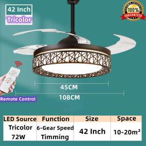 (Manila Stock) 42 Inch Luxurious Chandelier Invisible Silenced Ceiling Fan With Light Smart Remote Control 6 Speeds Intelligent timing Ceiling Fan Ceiling Light For Living Room Bedroom Dining Room