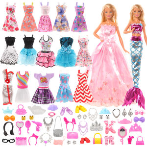 【Ready Stock】BARWA 55 Pcs Fashion For Barbie Doll Clothes and Accessories=Random 15 Dresses+40 For Barbie Accessories Best Princess Girl Kids Birthday Gifts For 11.5inch Doll