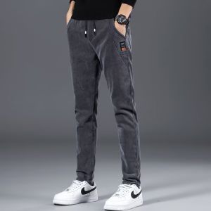 Autumn Winter Fleece-Lined Jeans for Men Elastic Waist Slim Straight Trendy Brand Winter Thickened Warm Casual Long Pants