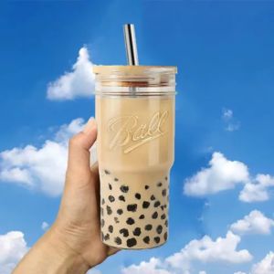 ODZ5L Bamboo Lids Glass Boba Cup with Straw Transparent Glass Bubble Tea Cup Reusable 700 Ml Iced Coffee