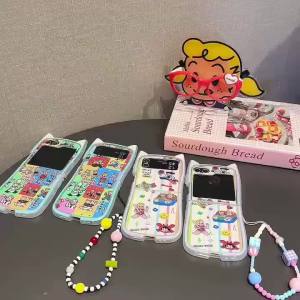 2025 ใหม่สำหรับ Samsung Galaxy Z Flip 7 Z Flip 6 Z Flip 5 Z Flip 4 Z Flip 3 เคส เคสพับ การ์ตูนน่ารัก รูปหูแมวสีดำ TPU ซิลิโคนนุ่ม พร้อมสร้อยข้อมือ