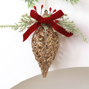 GOXBERK 3D dây chuyền hình cây thông Noel Quả mọng đỏ giả Vàng lấp lánh Quả cầu trang trí treo Giáng sinh Trang trí cảnh lễ hội Với nơ đỏ Trang trí hình nón thông cho dịp lễ Tiệc