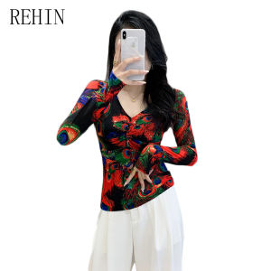 REHIN Autumn New V-Neck Floral Peacock Print Long Sleeve T-Shirt Fashionable and Versatile Elegant Womens Top