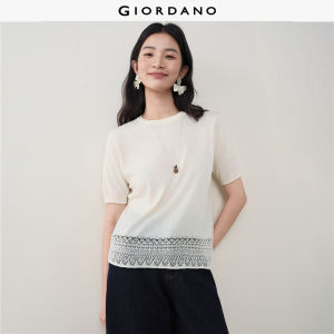 Giordano Women Eyelet embroidered hem short sleeve knitwear Free Shipping 18356808