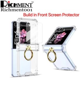 【🔥SG SELLER🔥】RICHMENTGADGET  Flip 6 Case with Ring Phone Case Slim Transparent Ring Case Shockproof Full Body Drop Protective Cover Z Flip 6 Clear Case with [Hinge Protection][Built in Front Screen Protector] for Samsung Galaxy Z Flip 6 Flip6 ZFLIP6 5G