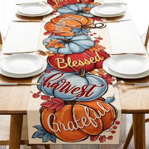 Thanksgiving Pumpkin Thankful Grateful Blessed Table Runner Blue Fall Harvest Kitchen Dining Table Decoration Autumn Seasonal Burlap Indoor Outdoor Home Decor Party Supply 13 x 72 Inches