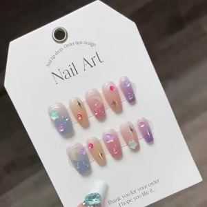 [HANDMADE]Artificial Nail Summer Sweet Bean Temperament Blush Gradient Phototpy Nails Reusable and Removable Nails