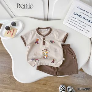Set bộ tay ngắn cổ trụ họa tiết Gấu Funny và quần short đi chơi bé trai 1 tới 7 tuổi BERNIE H1125B37
