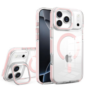 Magnetic Aluminum Alloy Lens Folding Stand Phone Case For iPhone 16 17 Pro Max Air 14 15 Plus 13 12 11 Clear Acrylic Back Cover