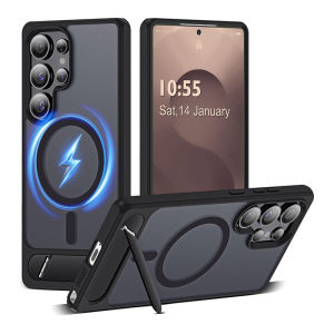 Hidden Stand Magnetic Phone Case For Samsung Galaxy S25 / S24 / S23 Ultra Plus For MagSafe Translucent Hard Back Cover With Holder For S25 Ultra Military Shockproof Protection Casing