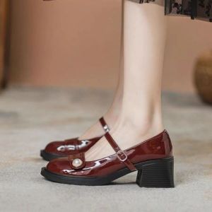 [Free Shipping] WomenS Shoes Chunky Heels 2026 Autumn Collection Pearl-Embellished Wine-Red Wedding Shoes Platform High-Heeled Loafers