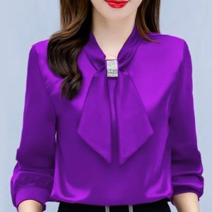 Plus Size Shirt New Arrival Satin Blouse For Women With Bow Tie Long Sleeve Professional Style Top