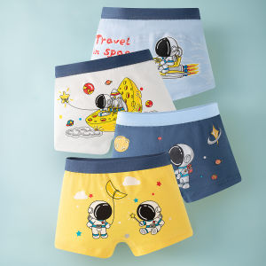 4 Pcs Cartoon Space Astronaut Summer Kids Boys Boxer Briefs Pure Cotton Teen Shorts Class A All-Cotton Four-Corner Pants 夏男童平角内裤纯棉青少年短裤A类全棉四角裤 FUNIANQI