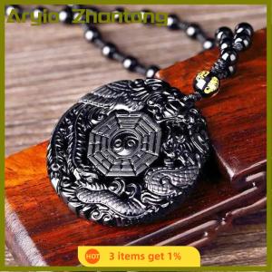 Aryio Natural Black Obsidian Hand Carved Chinese Dragon Phoenix Bird Amulet BaGua Necklace For Women Men Luck Mascot Amulet Pendant