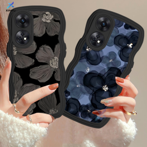 (Lokal Ready) Xinyu Casing hp OPPO Reno 8T 4G Reno 6 5G Reno 5 Reno 5F Reno 4F Wavy Edge Lukisan Minyak Keberuntungan Tulip Bunga Biru Bergelombang Soft Case