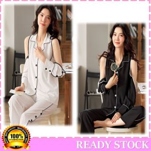 ❤️XL-XXL❤️ New Design Elegant & Bergaya Air-cond 2PCS SET Satin Shoulder Hole Long Sleeve & Pant Pajamas Baju Tidur LL04