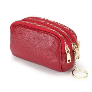 Yimo Top Layer Cowhide Coin Purse Three-Zipper Coin Bag Key Wallet Compact Short Wallet