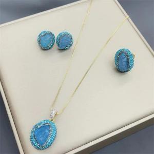 Natural Gemstones Necklace Rings Earrings Rough Stone Suit 3pcs Jewelry Sets Raw Aquamarine Crystal Lady Daily Handmade Jewelry H260610