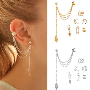 [7 Pcs/Set] Retro Long Tassel Pendant Earrings Fashion Gold Leaf Auricle Ear Cuff For Women No Piercing Fake Cartilage Earring Clips