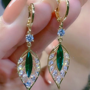 Green Crystal Golden Leaves Earrings for Women Individuality Daily Accessories Valentines Day Anniversary Birthday Jewelry Gifts h260609