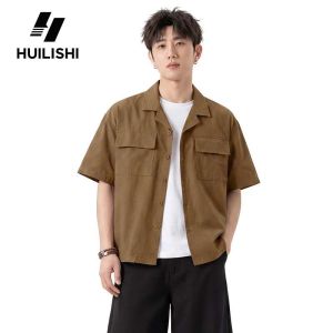 HUILISHI Vintage Brown Workwear Short Sleeve Shirt for Men Double Chest Pocket Loose Lapel Daily Outer Top