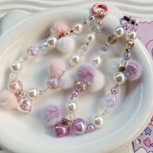 HBESTY Autumn Winter Fluffy Ball Phone Straps Charm Chain ins Furry Phone Lanyard Fashion Bag Keychain Wristband Strap For Girls