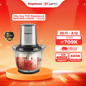 Máy xay thịt Nagakawa NAG0812 2 chế độ xay công suất 400W dung tích 1.5 lít trục lưỡi dao Inox chống va đập và mài mòn bảo hành 12 tháng
