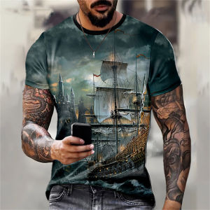 Pirate Ship Pattern 3D Print T-Shirts Mens Short Sleeve T Shirt O-Neck Oversized Hip Hop Tees Harajuku Y2K Tops Man Clothing