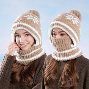 COOLCELLS Snowflake Jacquard Knitted Balaclava Hat Fleece Lining Ear Protection Thermal Face Cover Windproof Pullover Hood Fluffy Pom Integrated Scarf Cap Outdoor Activities
