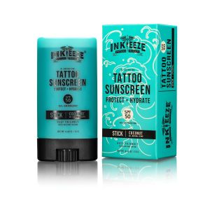 INK-EEZE Tattoo Sunscreen Stick SPF 50 Ink Shield UVA/UVB Blocking Dries Clear Ozone Reef Friendly Vegan Made in USA Coconut 0.5oz Stick