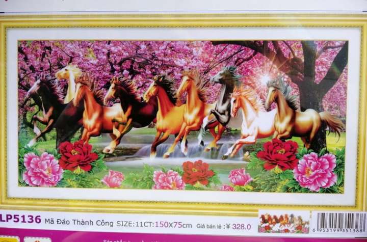 Tranh Thêu chữ thập Mã đáo thành công 9 con ngựa LP5136