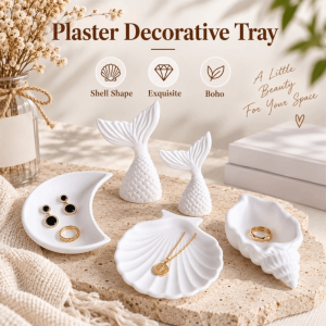COUPLECOL Trắng Khay trang trí bằng thạch cao Hình dạng vỏ sò Hình dạng vỏ sò. Khay đựng trang sức Đồ trang trí chụp ảnh Phong cách Boho Đĩa đựng đồ trang sức nhỏ Trang trí nhà cửa