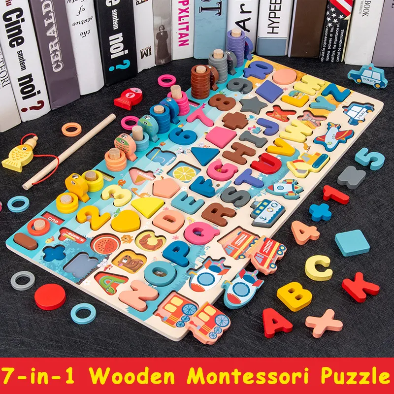 7-in-1 Wooden Montessori Puzzle Toy Set Educational Learning Board Toys  Fishing Counting Sorting Stacking Shape and Vehicle Identification