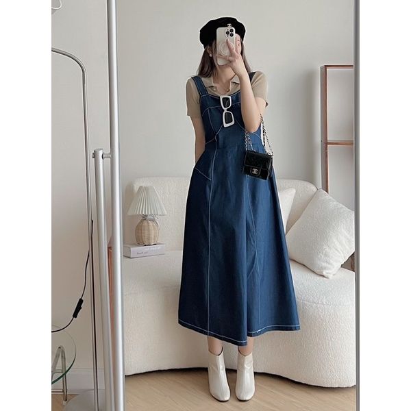 HÀNG SẴN) Váy yếm xòe Vintage thắt eo kẻ sọc MORAN Hàn Quốc | Shopee Việt  Nam