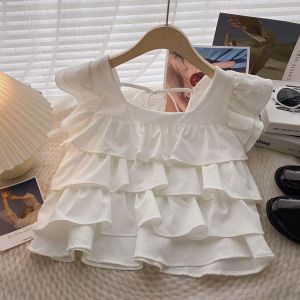 Girls summer vest Korean style wood ear edge tops girls flying sleeves shirts for middle and large children solid color lining fashion