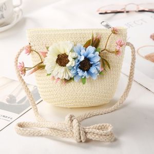 Kids Girl Straw Woven Crossbody Bag Cute Flower Kid Shoulder Bag Casual Handbag