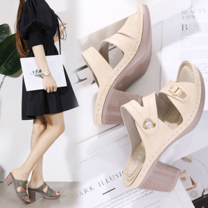 8cm Heel Leather Upper Sandals for Women Wedge Simple Design Daily Platforms Slides Popular Shoes for Ladies Thick Heels Office Wear Peep Toe Daily Wear