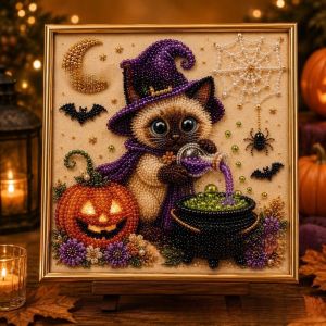 OWNNEW DIY Halloween Cat Pearl Bead Painting Kit Pearl Bead Diamond Dot Pearl Art Craft Kit Fashion Witch Cat Theme Gemstone Diamond Painting Home