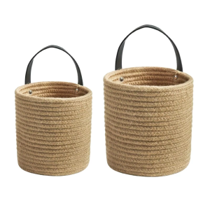 Efficient Woven Rope Hanging Storage Holder Hanging Rope Baskets For Wall Decoration And Storage With Leather Handle