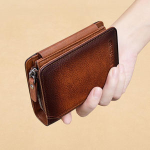 BANYANU Anti RFID Men Coin Purse Small Trifold Retro Cowhide Genuine Leather Wallet for Man