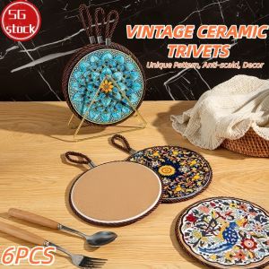 【SG stock】Set of 6 Vintage Ceramic Trivets Heat Resistant Kitchen Anti-Skid Mat Table Accessories