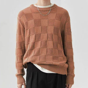 Solid color round neck sweater for men Korean style fashion checkerboard plaid sweater casual mens bottoming sweater mens pullover sweater