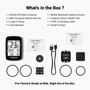COOSPO BC26S GPS Cycling Computer with Cadence Sensor Bundle 2.3" LCD Bluetooth Bike Speedometer Odometer IPX7 Waterproof 20H Battery Support HR/Cadence/Speed Sensors